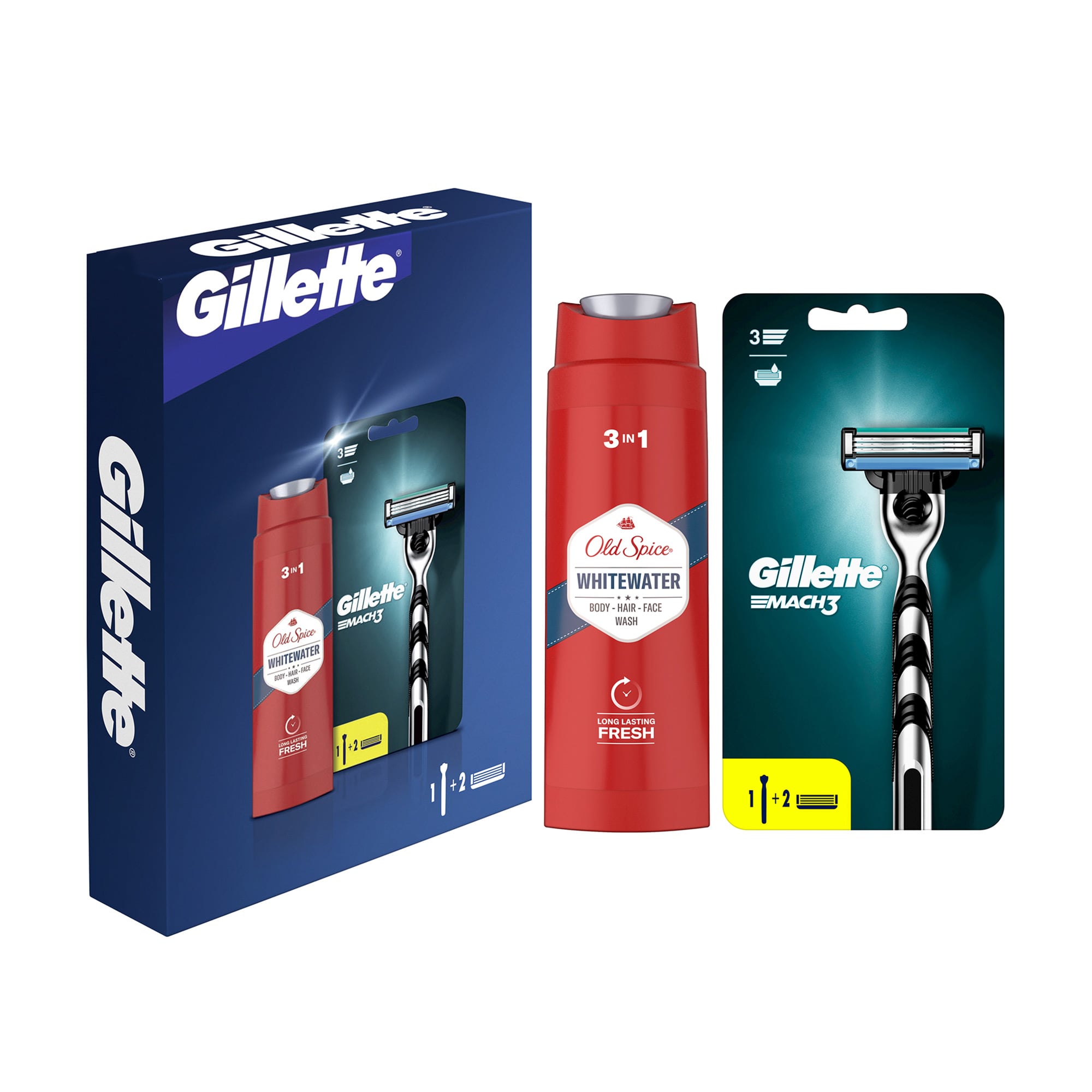 Уцінка! Подарунковий набір чоловічий Gillette Mach3 (станок + змінні картриджи, 2 шт + гель для душу Old Spice Whitewater, 250 мл)