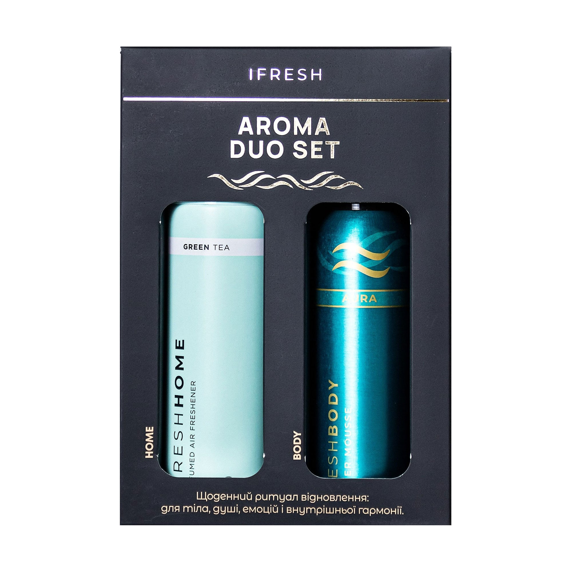 Уцінка! Подарунковий набір iFresh Aroma Duo Set (парфумований аерозоль для дому Green Tea, 250 мл + мус для душу Aura, 200 мл)