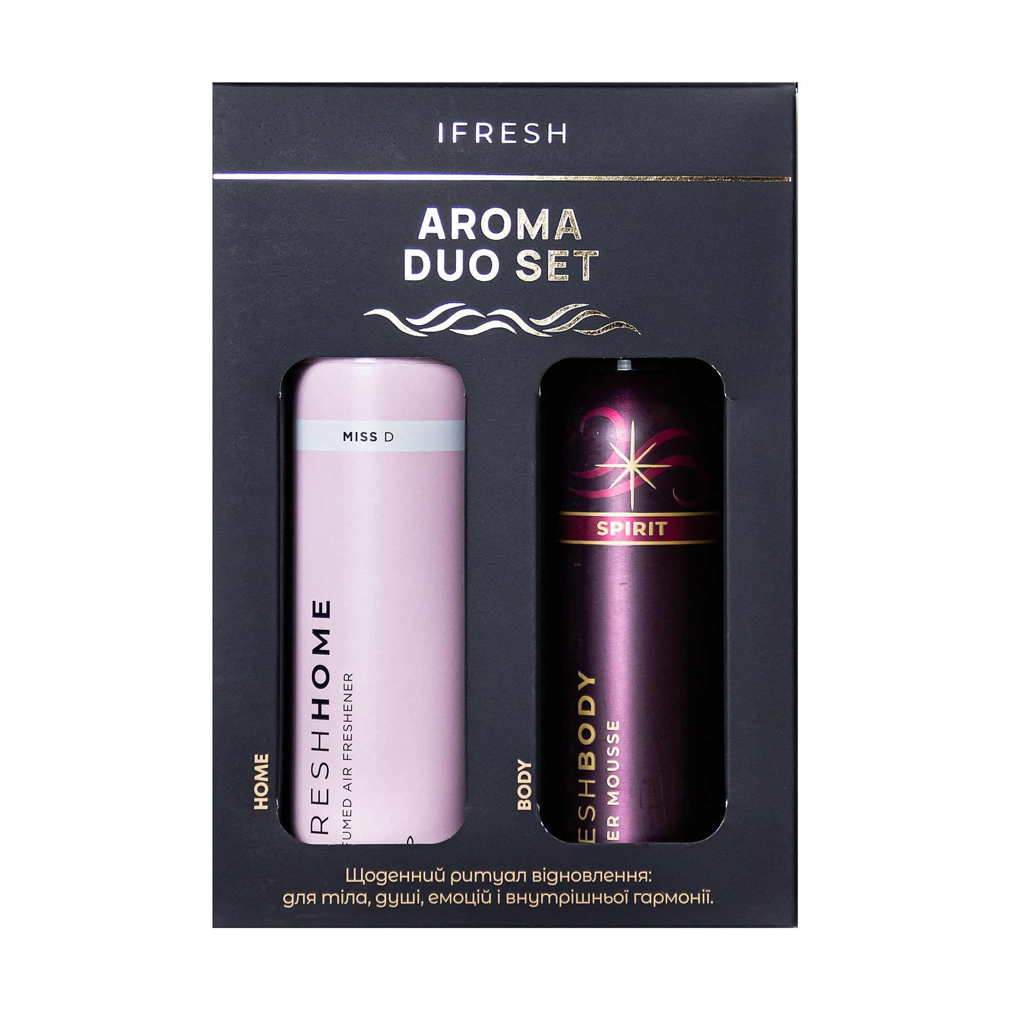 Уцінка! Подарунковий набір iFresh Aroma Duo Set (парфумований аерозоль для дому Miss D, 250 мл + мус для душу Spirit, 200 мл)